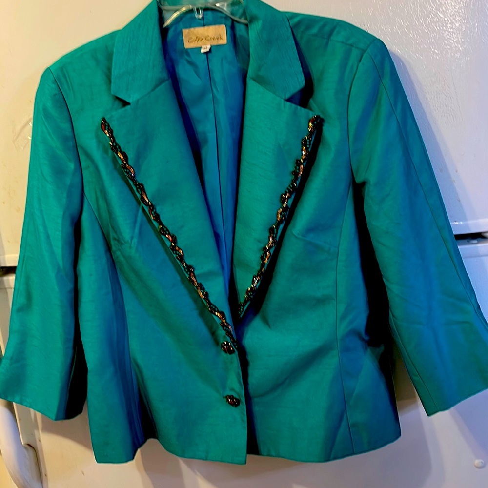 Collin Creek Turquoise Poly Jacket . Size 14 Silk Like. Beaded, (sku-BRrack)